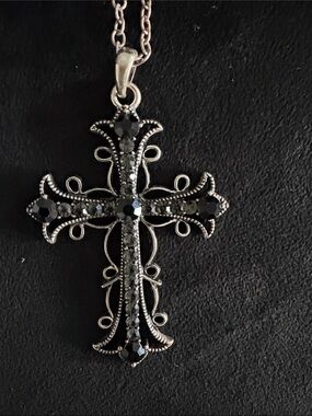 Black Crystal Cross Pendant Necklace - Women